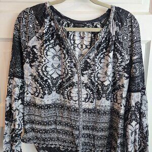 🌿 Lucky Brand Black & White Mixed Print Boho Peasant Blouse - Medium